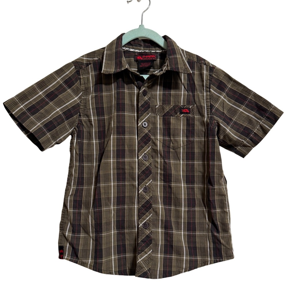 Tony Hawk M 5/6 Kids Short Sleeve Plaid Button Down Shirt Olive Brown